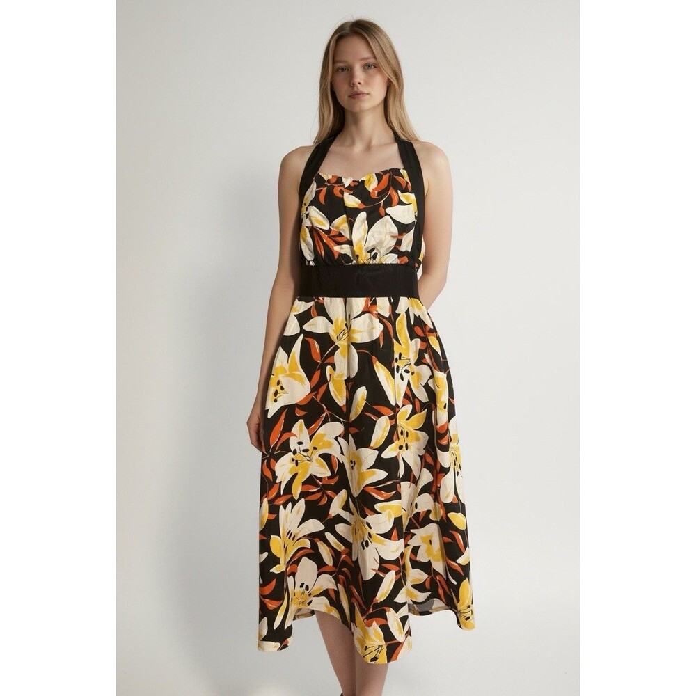 Anthropologie Moulinette Soeurs Mayflower Silk Halter Dress Size 10 Yellow Retro